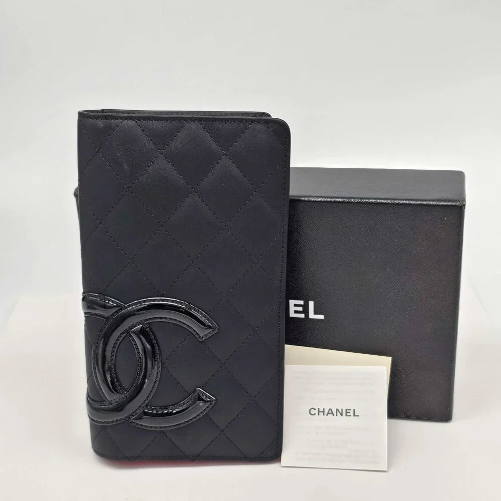 CHANEL Cambon Black Pink Lambskin Long Wallet 385-043025